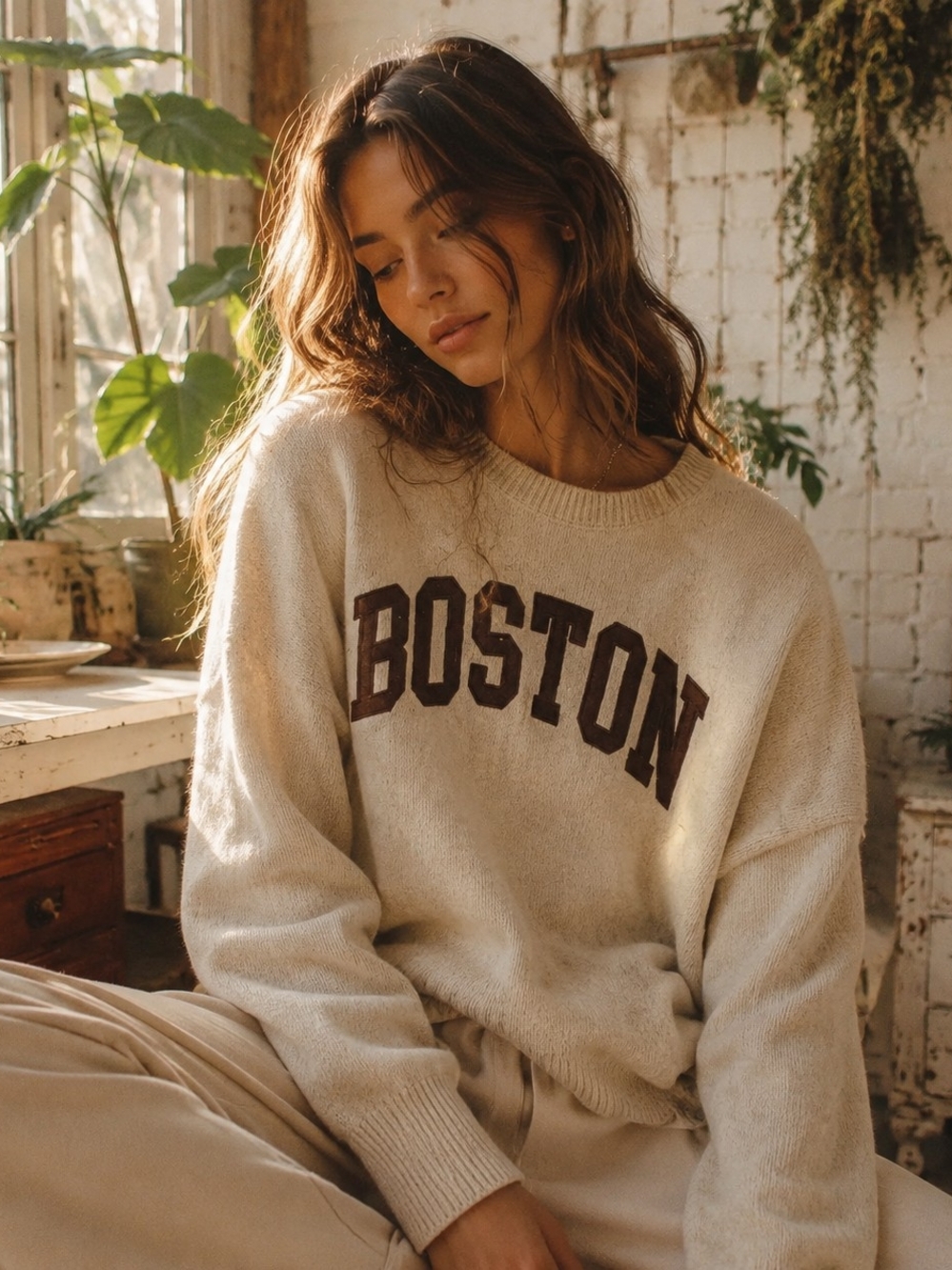 Cream Crewneck Sweater with Brown 'BOSTON' Lettering